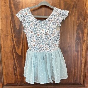 Girls Floral Print & Light Blue Tulle Skirt Dress